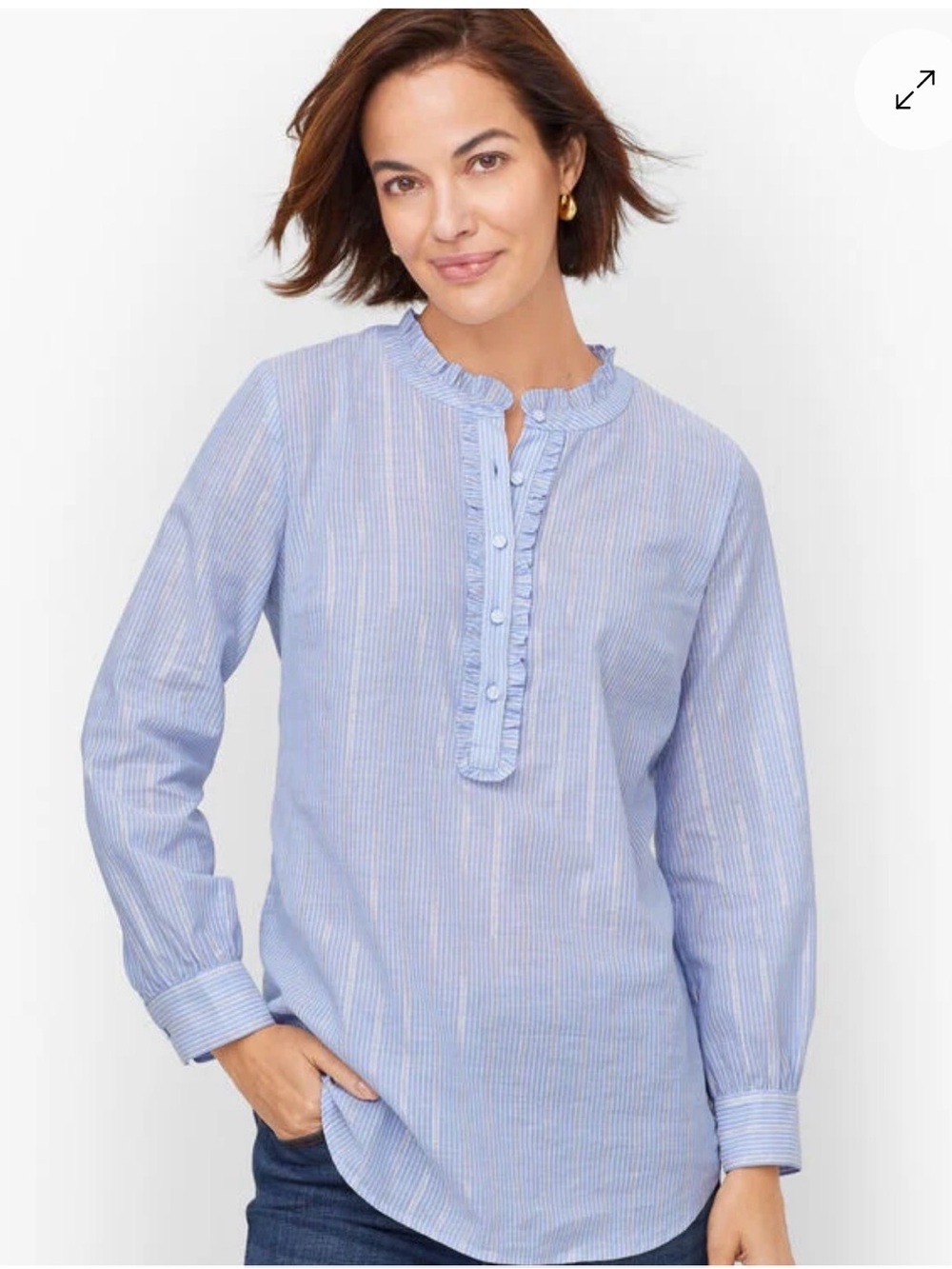Talbots FOREST STRIPE RUFFLE POPOVER Light Blue Striped Ruffle Top MP medium